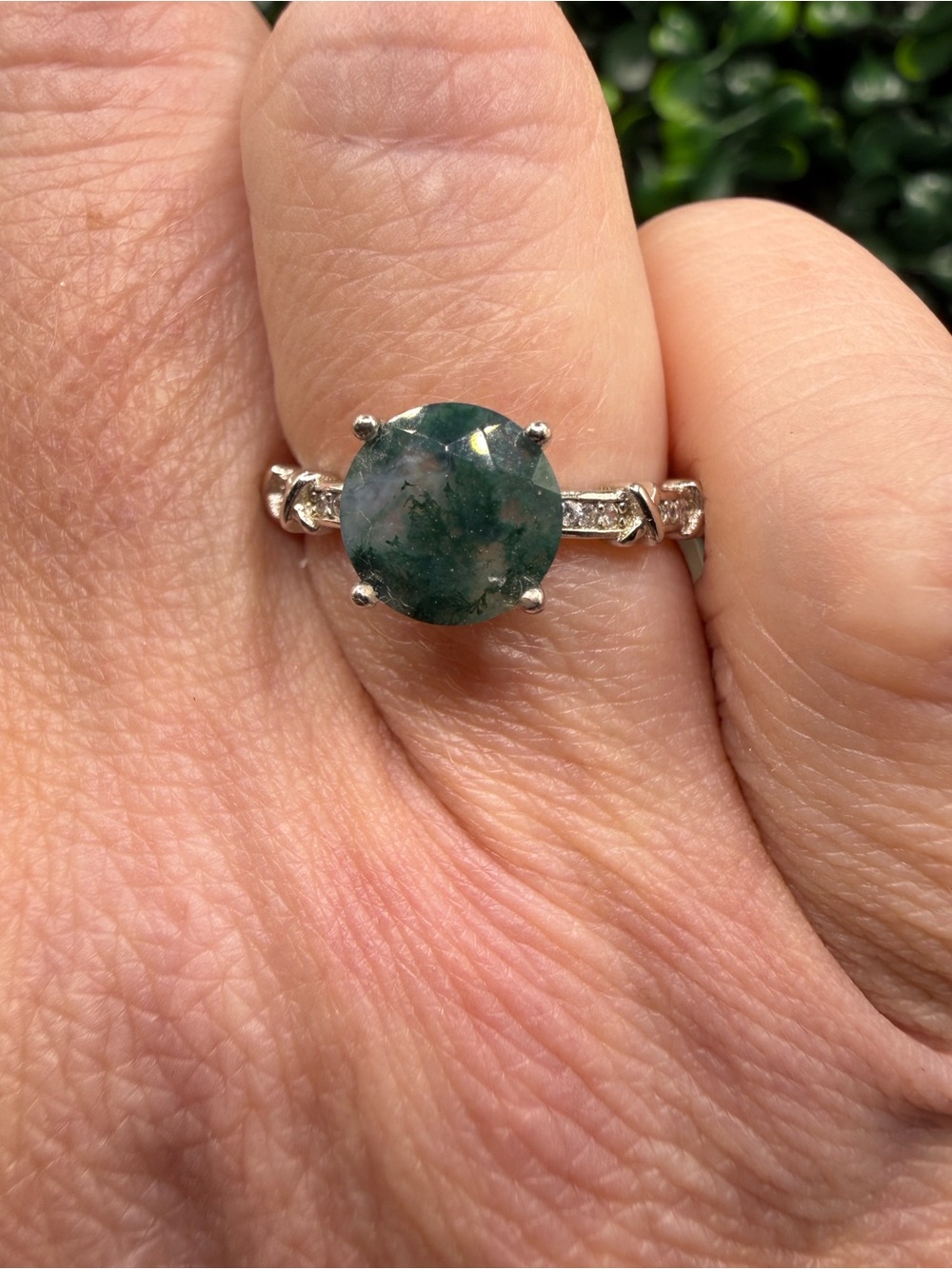 Faceted Moss Agate Ring, Adjustable S925
